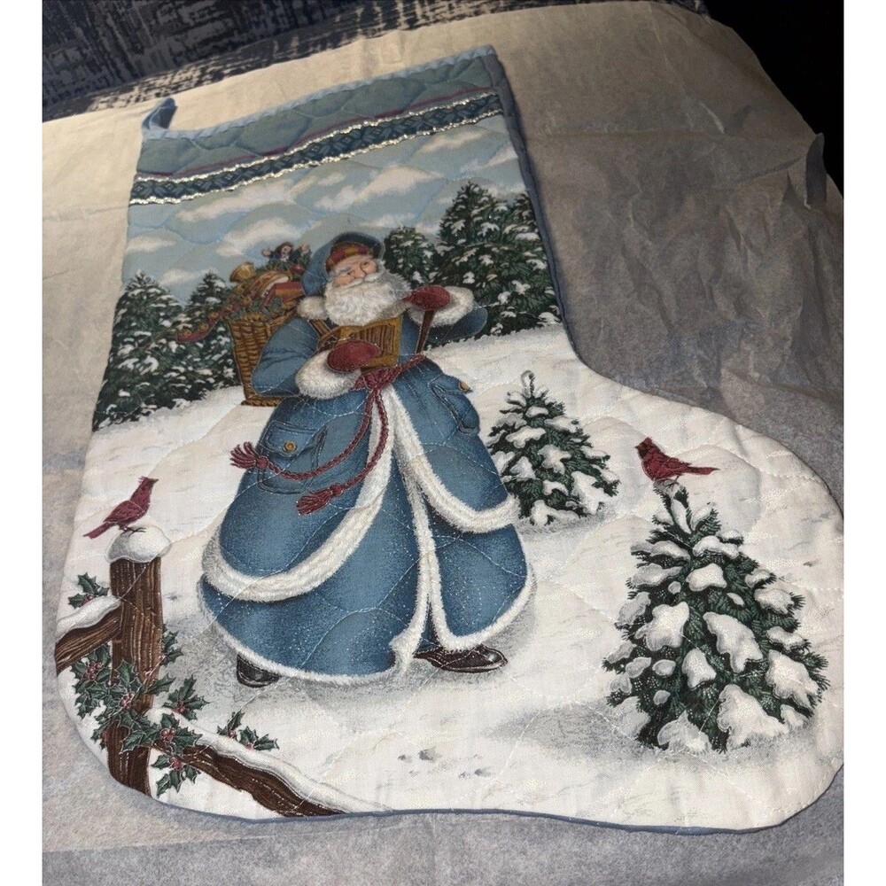 Christmas Stocking Blue With Santa And Toy Sack